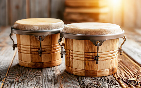 an acoustic drum bongo pair on a wooden floor, natural wood grain texture, warm sunlight, rustic interior background
