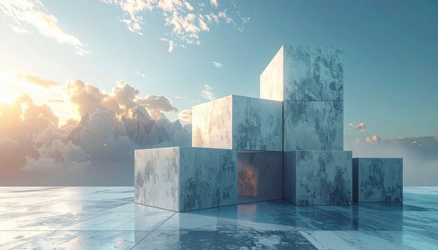 Geometric Cube Steps Ascending Against a Dramatic Sky and Mountainous Horizon