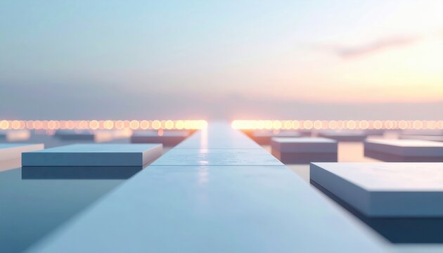 Geometric Path Extending Towards Blurred City Lights Under a Soft Sky