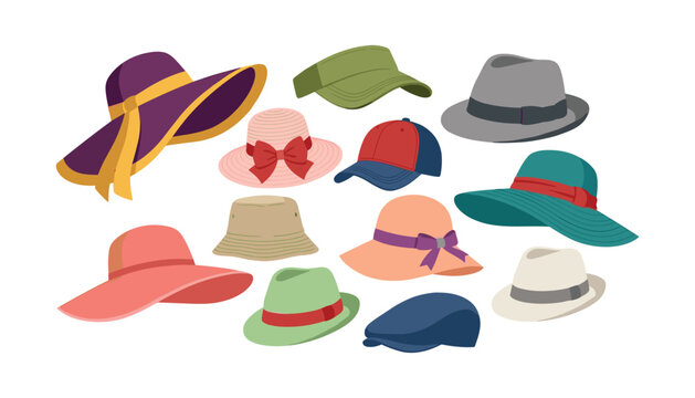 Fashion hats vector illustration set featuring sun hats fedoras baseball caps bucket hat and stylish headwear accessories