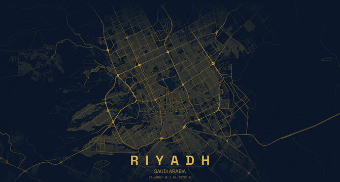  Riyadh Saudi Arabia city map art print , Gold and dark navy city map illustration of Riyadh with geographic coordinates, Minimalist wall art poster for office