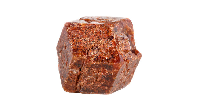 Natural rough red brown almandine garnet dodecahedron crystal. Professional educational template for science textbook, geology research and exhibition