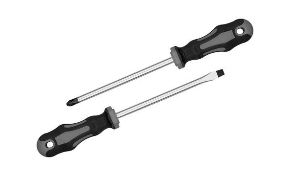 High Gray quality hand tools isolated on white backdrop. Rubber grip screwdrivers asset for technical maintenance, handyman service, and renovation layout
