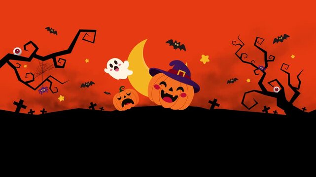 Wide Halloween animation with pumpkins, ghost, moon, bats, trees, crosses, and blank lower space for text.