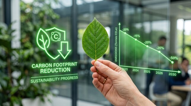 Hand Holding Leaf with Carbon Reduction Digital Overlay for Climate Action Design