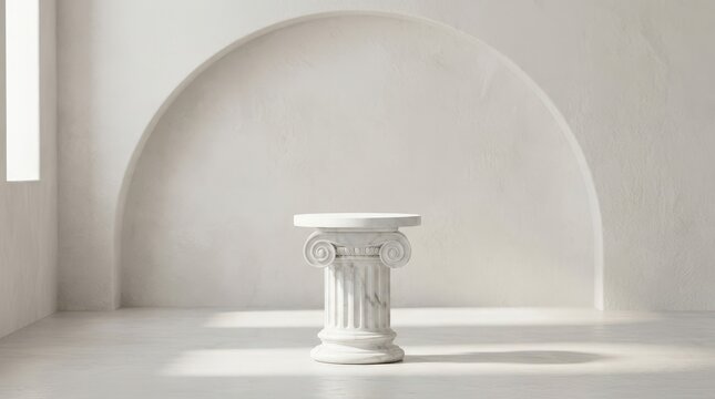 Classic marble pedestal stand in empty minimalist white room interior with arch wall background and natural sunlight