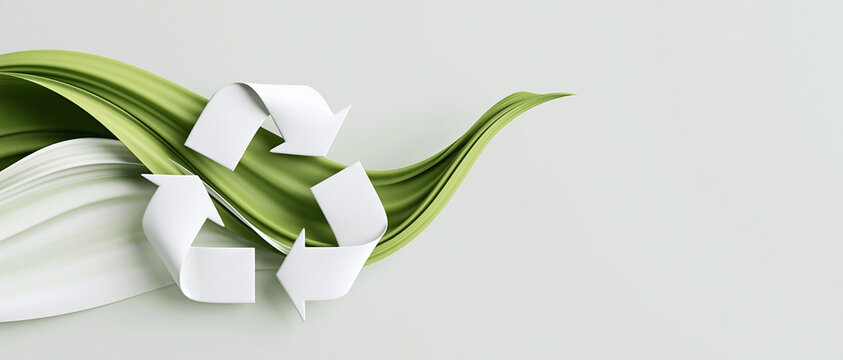 Minimalist eco friendly concept banner featuring paper recycling symbols and green leaves