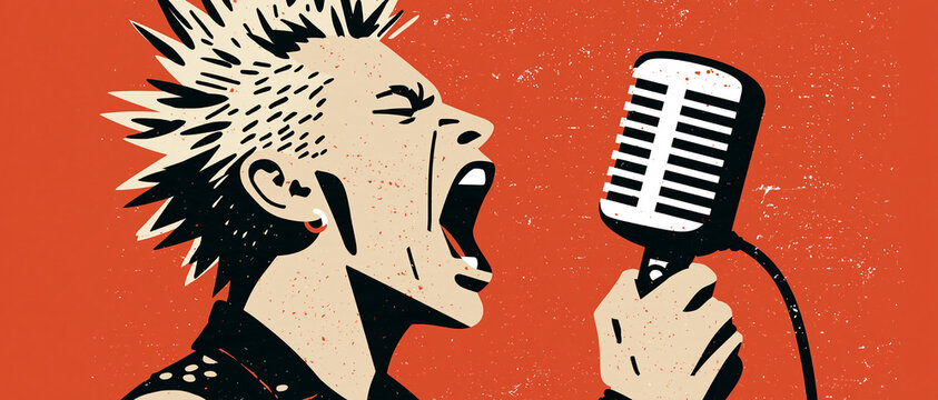 Energetic rock music banner featuring a shouting punk rocker silhouette and a vintage microphone