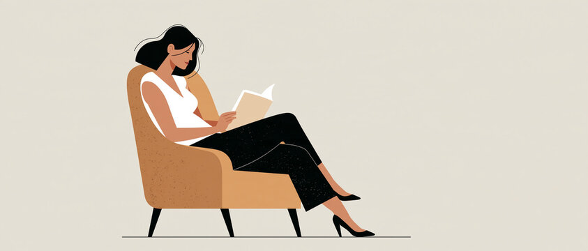 Cozy vector illustration of a relaxed woman sitting in an armchair and reading a book