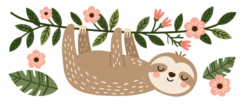 Cute vector banner of a lazy sloth hanging from botanical floral branches with leaves