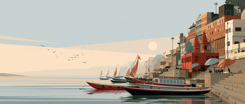 Scenic vector illustration of traditional Indian riverbank architecture and ghats by the water