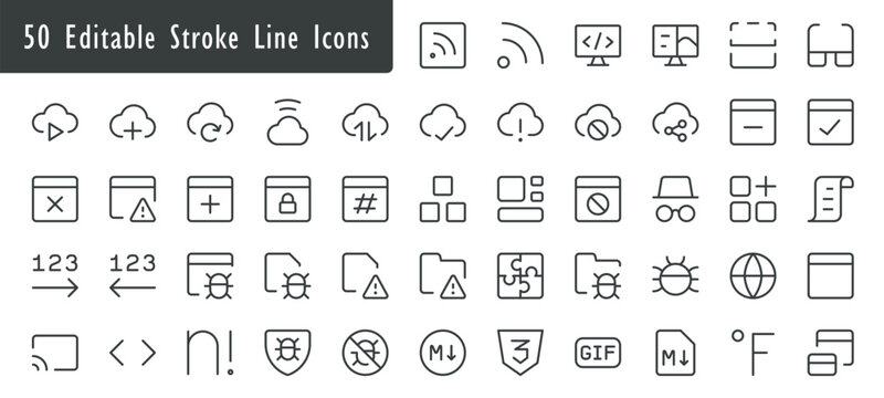 Minimalist Technology Line Icons Set, 50 Editable Stroke Web Development Symbols, UI UX Interface Vector Elements
