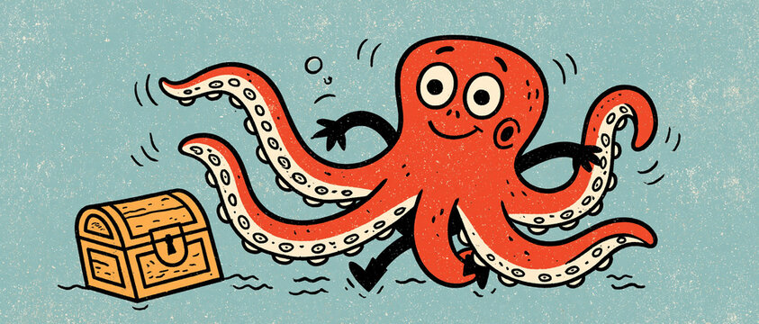 Cute vector illustration of a friendly red cartoon octopus next to a treasure chest