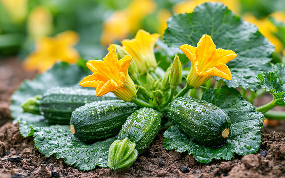 zucchini squash growing among large green leaves, yellow flowers blooming, garden bed background, natural daylight