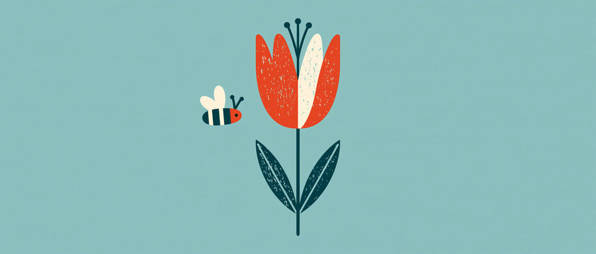 Stylized Red Tulip Flower with Leaf and Bee on Blue Background