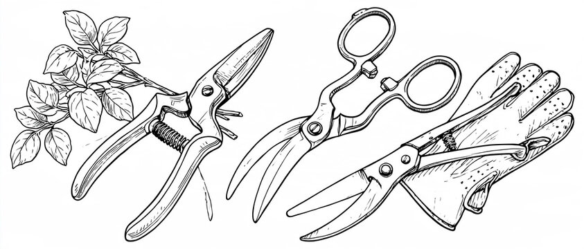 Line Art Illustration of Gardening Shears, Pruners, and Gloves