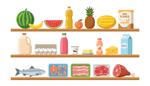 Fridge food shelves vector illustration set featuring fresh fruits dairy products meat fish and daily grocery items