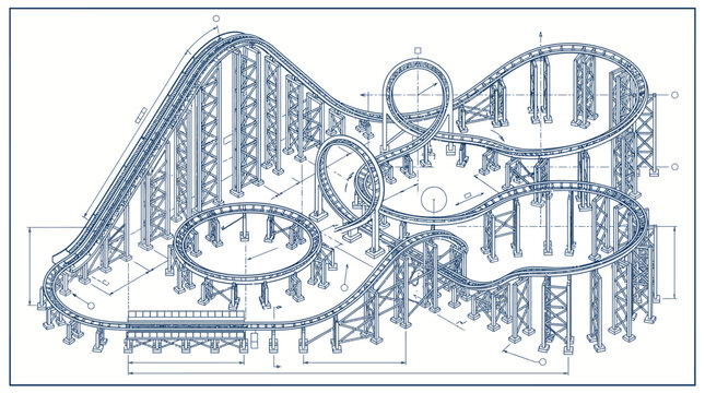 Rollercoaster vector roller coaster technical blueprint with detailed isometric amusement park engineering mechanical drawings