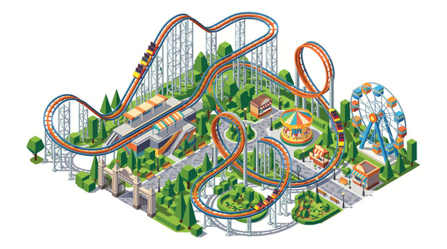 Rollercoaster vector rollercoaster track layout in amusement park with ferris wheel and carousel rides