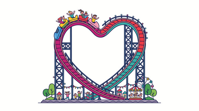 Rollercoaster vector rollercoaster heart ride with cheerful children enjoying fun amusement park outdoor recreation
