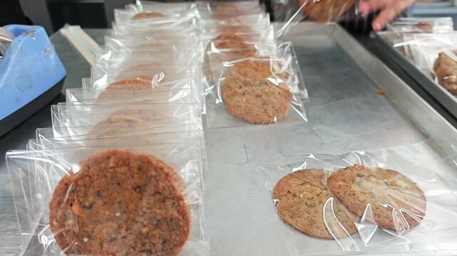 Packaging homemade chocolate chip cookies into clear bags in rows.