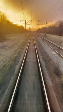 POV view of empty train tracks stretching towards horizon with dramatic sunset sky and overhead power lines.