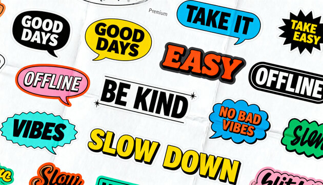 Mental health and mindfulness collection of colorful motivational stickers with positive affirmations and self care slogans for digital design