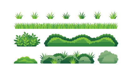 Green grass border and garden bushes vector set featuring flat isolated hedge tuft shrub lawn landscape design elements © ATIFA