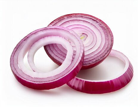 broken red onion rings and slices isolated on white background