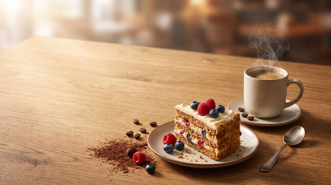 Layered cake slice with berries and coffee cup on wooden table realistic 3D render
