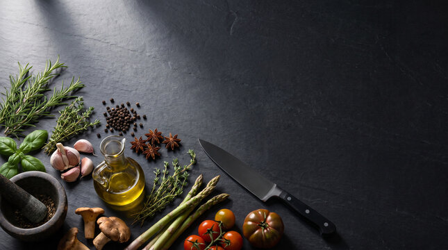 Culinary ingredients on dark stone surface with knife and mortar pestle herbs spices