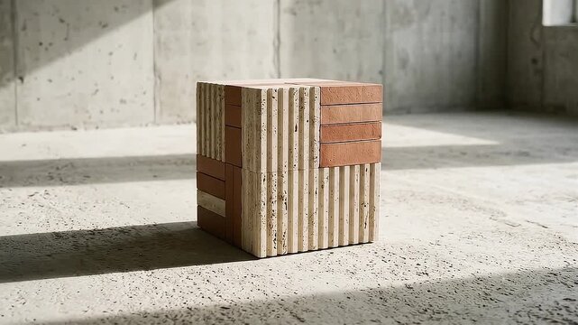 Unique geometric cube sculpture crafted from textured terracotta and travertine stone tiles shown in motion video footage