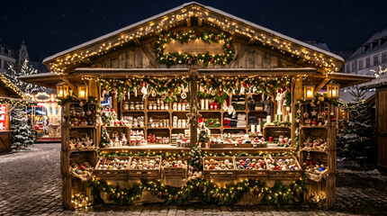 Obraz premium Illuminated wooden Christmas market stall decorated with festive lights at night