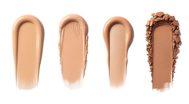 Foundation swatches show various shades of makeup for different skin tones.