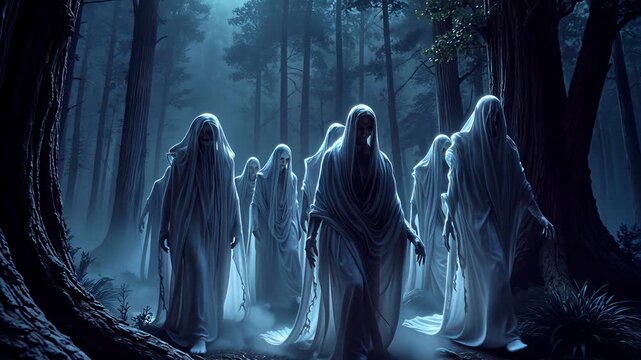 Cloaked figures walking through misty pine forest at night. Eerie group of hooded entities emerging from fog in dark woods. Panning camera movement.