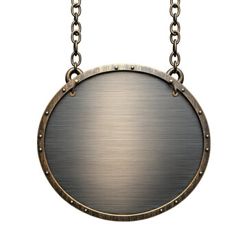 The image features a round, empty signboard hanging from two metal chains