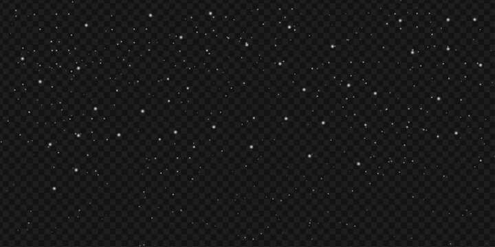 Realistic snowfall effect with white glowing particles on transparent background. Winter weather overlay for graphic design projects and digital art editing.