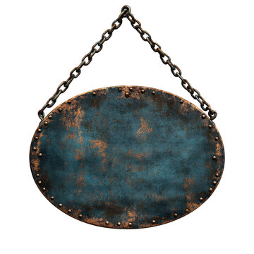 The image shows an oval shaped metal sign hanging from a chain. The sign has a weathered, rusty appearance with patches of blue and brown rust spots scattered across its surface