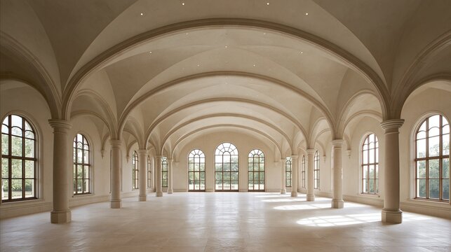 Bright empty grand classical interior with vaulted arched ceiling stone columns and large arched windows overlooking green trees beautiful symmetrical architecture