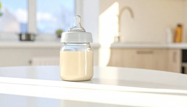 Baby bottle filled with milk on a bright countertop with soft sunlight