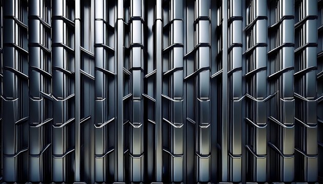 metal brackets stacked to create repeating geometric designs featuring bold lines textures and an industrial abstract look
