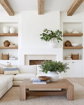 Bright modern farmhouse style living room with neutral linen sectional sofa centered fireplace and built in wooden shelves decorated with fresh green plants