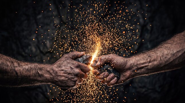 Dynamic high-speed macro photo of striking stones to produce an ignition spark, serving as a powerful business metaphor for corporate innovation and breakthrough ideas.
