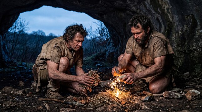 Documentary style commercial stock photo of primitive ancestors creating fire with flint stones inside a cave, representing the origin of human energy for ESG and history publications.