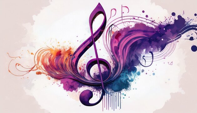 colorful watercolor splash art with large purple treble clef
