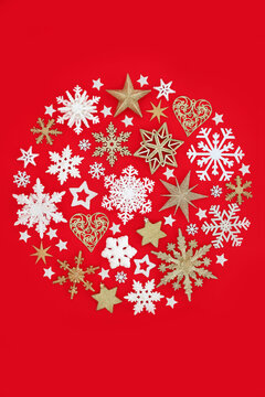 Abstract Christmas tree round sphere shape decoration with stars and snowflakes on red background, Xmas festive symbol for greeting card.