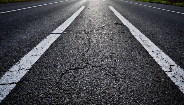 cracked asphalt road with white lane markings