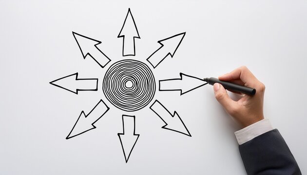 hand with marker drawing arrows converging toward a central circle on a whiteboard