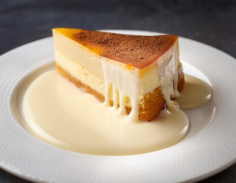 a slice of tres leches cake drenched in milk on a white plate