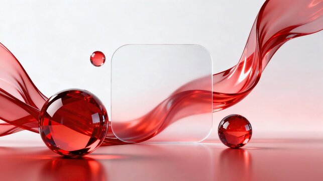 Luxury modern 3d product display background with glossy red glass spheres flowing red silk wave and transparent rounded square empty frame